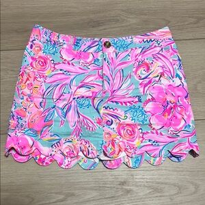 Lilly Pulitzer Skort Bright Floral Pink Blue Rose Skirt scalloped trim Size 2